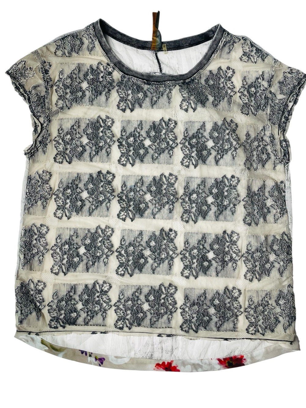 Aratta Silent Journey Sheer Shirt Gray Floral Lace Asymmetrical Boho Grunge